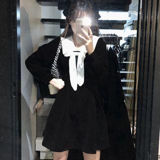 Peter-pan Collar Velvet Dress Black - One Size