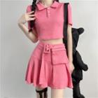 Set: Short-sleeve Ribbed Polo Shirt + Belted A-line Skirt