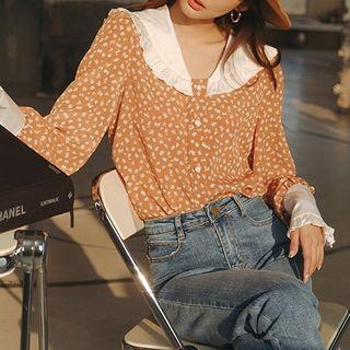 Long-sleeve Frill Trim Floral Print Blouse