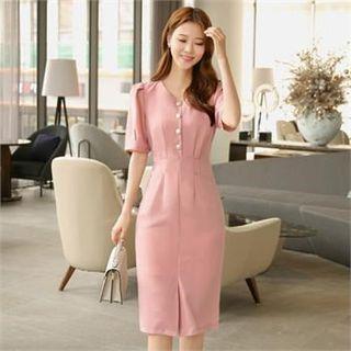 Tall Size Puff-sleeve Button-trim Dress