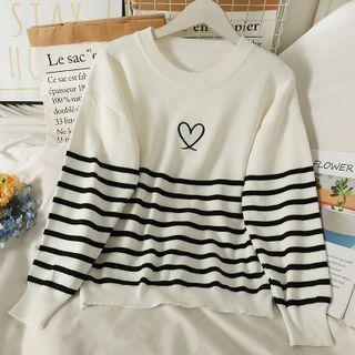 Heart-embroidered Striped Loose Sweater