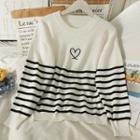 Heart-embroidered Striped Loose Sweater