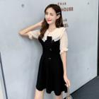 Elbow-sleeve Wide Collar Paneled A-line Mini Dress