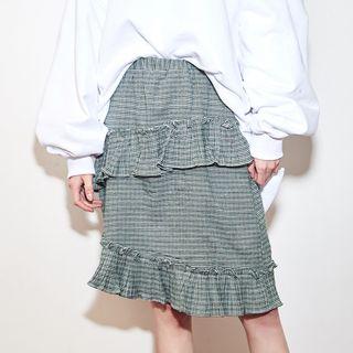 Ruffled Band-waist Check Skirt