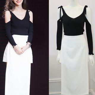 Cutout-shoulder Knit Top/slit-side Midi Skirt