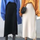 Knit High-waist Slit A-line Semi-body Midi Skirt