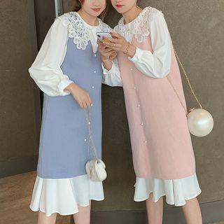 Set: Long-sleeve Lace Collar Midi Dress + Knit Vest