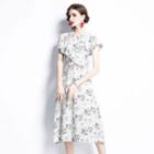 Short-sleeve Print Cutout Midi Dress