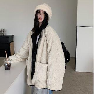 Reversible Fleece Button-up Jacket Black & White - One Size