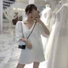 V-neck Side Slit Elbow-sleeve T-shirt