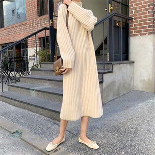 Plain Mock Turtleneck Long-sleeve Midi Knit Dress