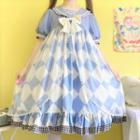 Puff-sleeve Argyle Print Bow A-line Dress