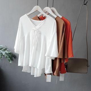 Plain Elbow-sleeve Linen Top