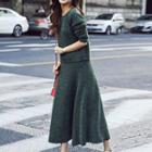 Set: Plain Knit Pullover + Knit Midi Skirt Set - Pullover - Green - One Size / Midi Skirt - Green - One Size