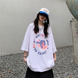 Short Sleeve Lettering Heart Print Oversized T-shirt