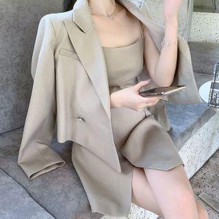 Set: Cropped Blazer + Spaghetti Strap Asymmetrical Mini Sheath Dress