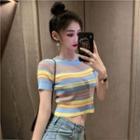 Short-sleeve Striped Cropped Knit Top Stripe - Blue & Orange & Yellow - One Size
