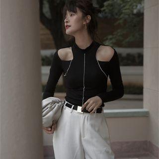 Contrast Trim Cold-shoulder Long-sleeve T-shirt