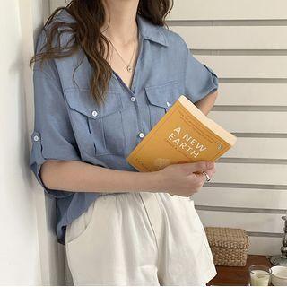 Elbow-sleeve V-neck Shirt Blue - One Size