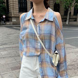 Long-sleeve Cold Shoulder Plaid Shirt
