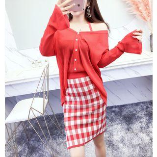 Set: Cold-shoulder Cardigan + Plaid Mini Knit Skirt