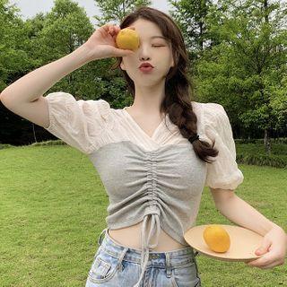 Puff-sleeve Drawcord V-neck Crop Top