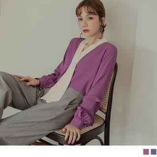 Contrast Neck Tie Puff Sleeve Top