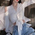 Long-sleeve Cold-shoulder Button-up Crop Top