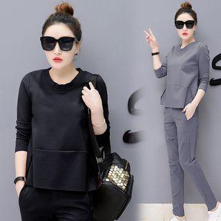 Set: Long-sleeve Plain Top + Sweatpants