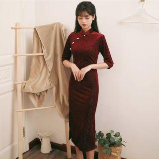Elbow-sleeve Beaded Qipao Dress