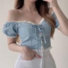 Short-sleeve Eyelet Lace Trim Lace-up Crop Top Blue - One Size