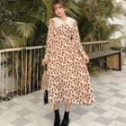 Floral Print Collared Long-sleeve Maxi A-line Dress
