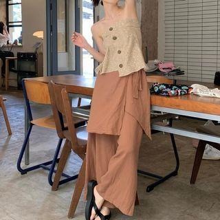 Floral Printed Tube Top / Plain Asymmetrical Wide-leg Pants