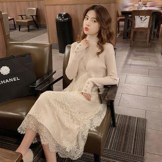 Lace Panel Long-sleeve Midi Knit Dress Almond - One Size