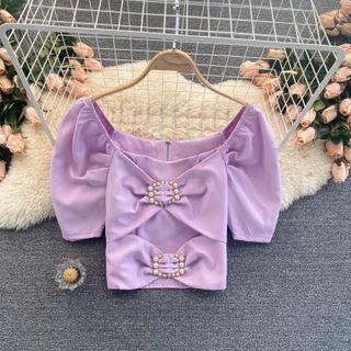 Square-neck Puff-sleeve Bow Top