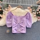 Square-neck Puff-sleeve Bow Top
