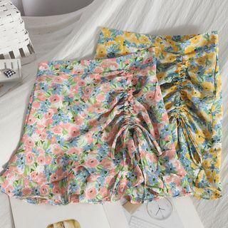 Flower Print Drawstring Mini Pencil Skirt