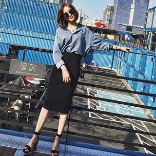 Set: Letter Embroidered Denim Shirt +pencil Skirt