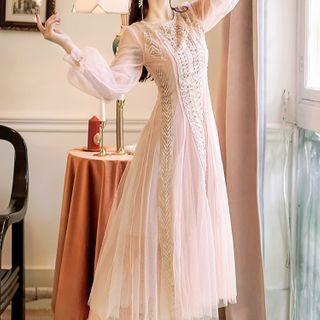 Puff-sleeve Paneled Midi A-line Mesh Dress