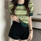 Short-sleeve Striped Knit Crop Top Green - One Size