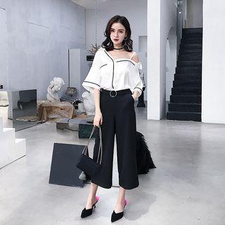 Set: Off Shoulder Elbow-sleeve Blouse + Crop Wide Leg Pants