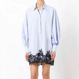 Long-sleeved Open-front Striped Lace Blouse