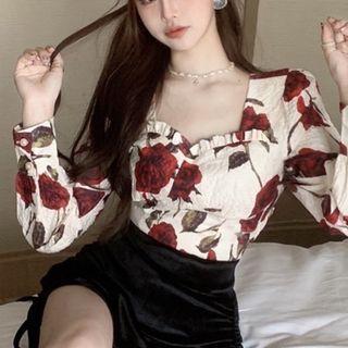 Square-neck Long-sleeve Floral Print T-shirt