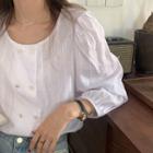 Round-neck Double-breasted Elbow-sleeve Top White - One Size