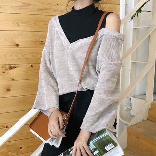 Mock Two-piece Long-sleeve T-shirt As Shown In Figure - One Size
