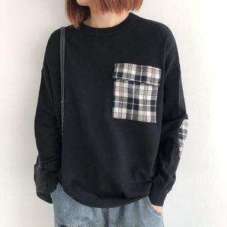 Plaid Pocket Panel Knit Top