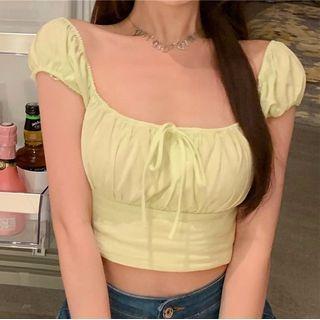 Cap-sleeve Cropped Blouse Light Green - One Size