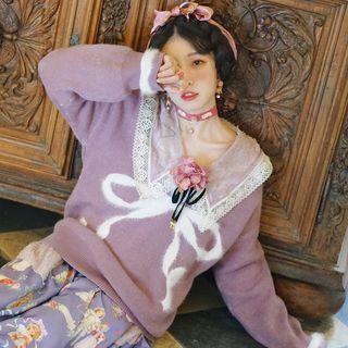 Bow Jacquard V-neck Sweater