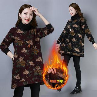 Turtleneck Floral Print Fleece-lining Tunic Top