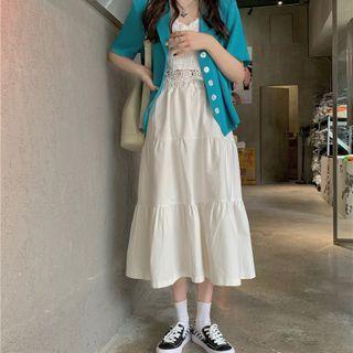 Short-sleeve Single Breasted Jacket / Plain Ruched Skirt